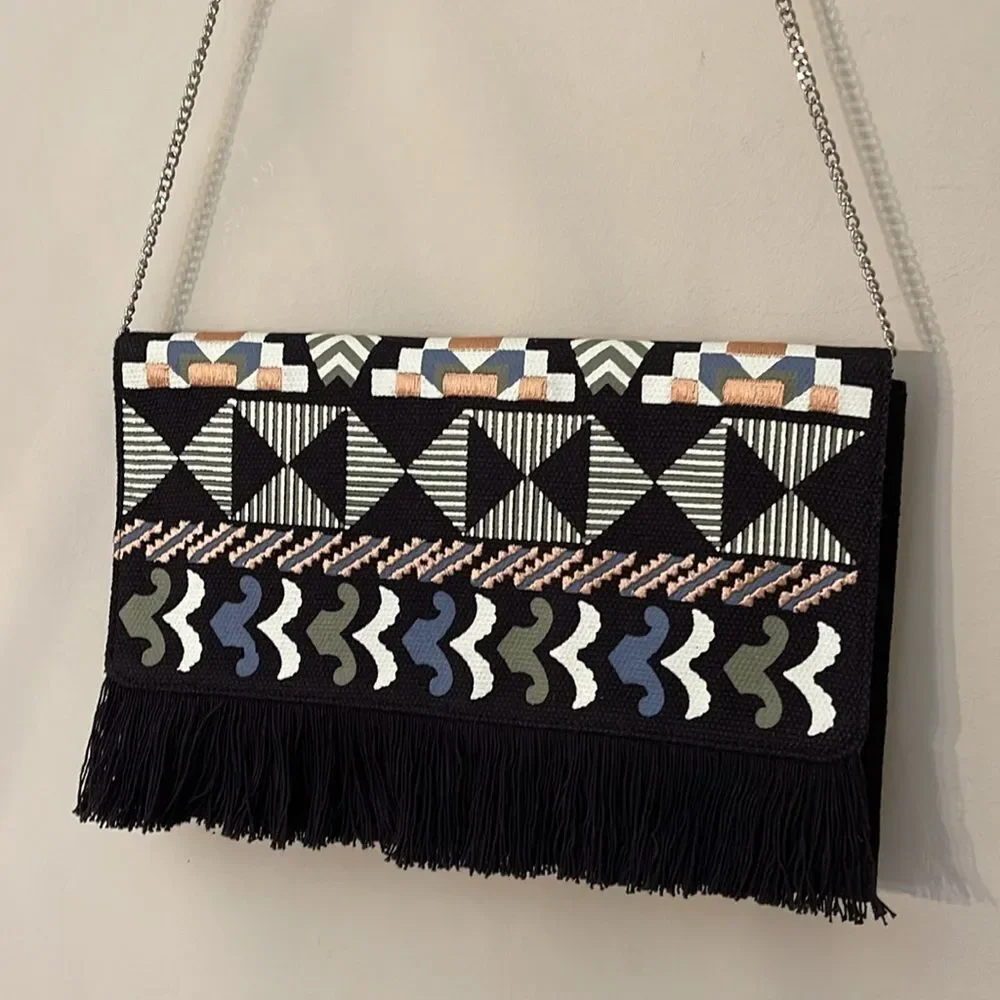 Stella & Dot TAJ Clutch Black/ Multi Embroidery with Fringe